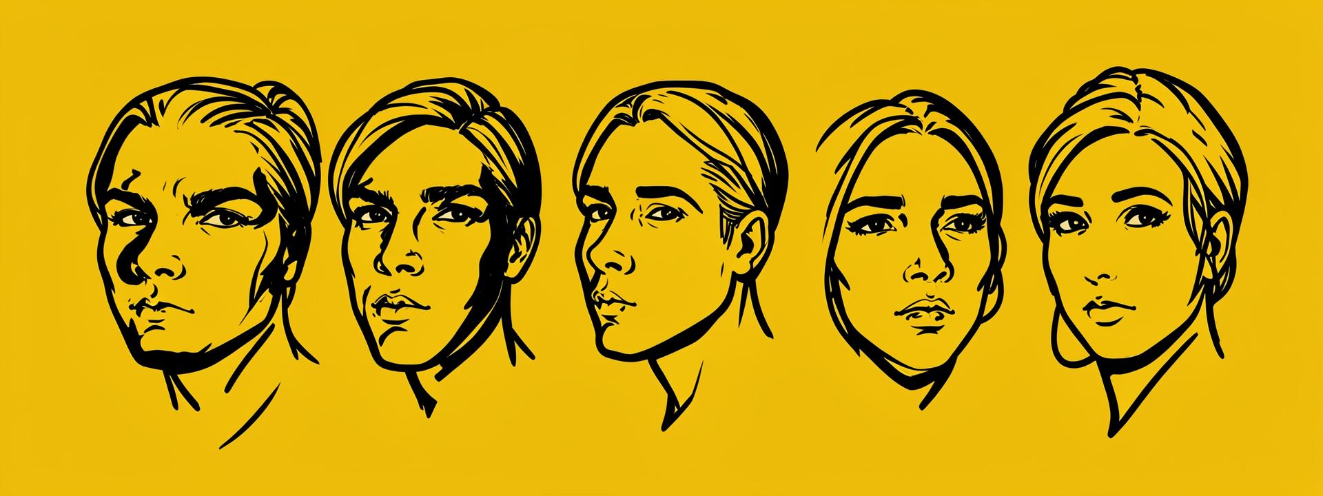 Row of five stylized heads at different angles